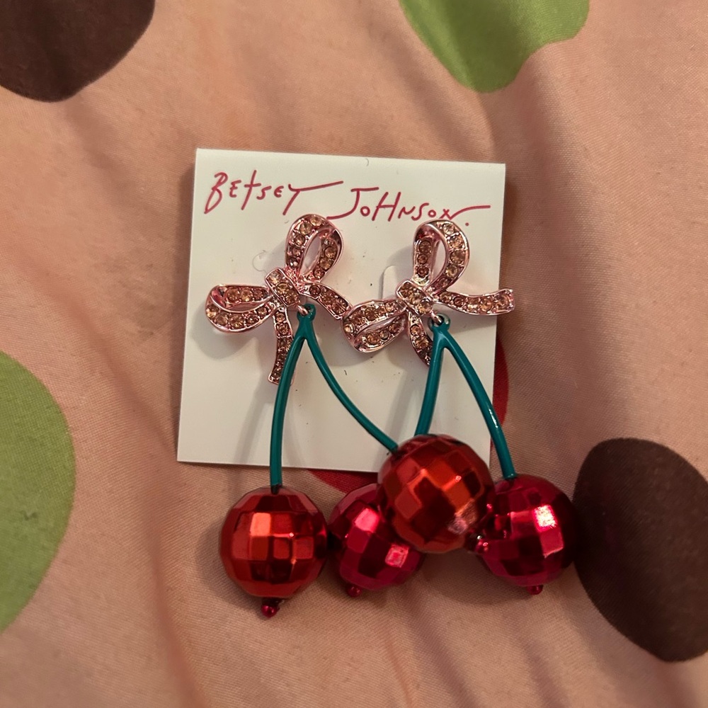 New Betsey Johnson Disco Cherries Cherry Bow Earrings